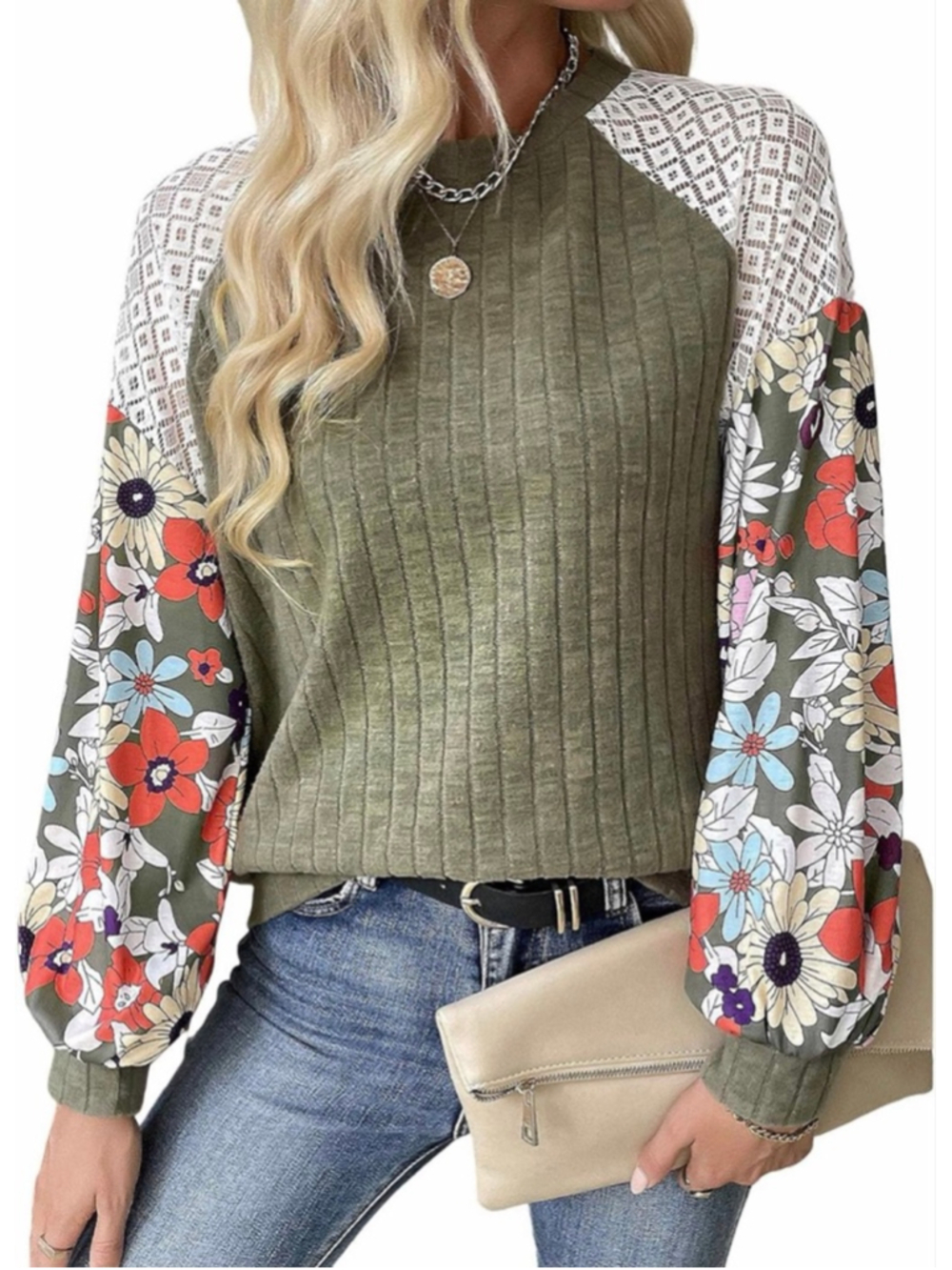 NEW Ribbed Knit Long Sleeve Top Floral Print Loose Crewneck S